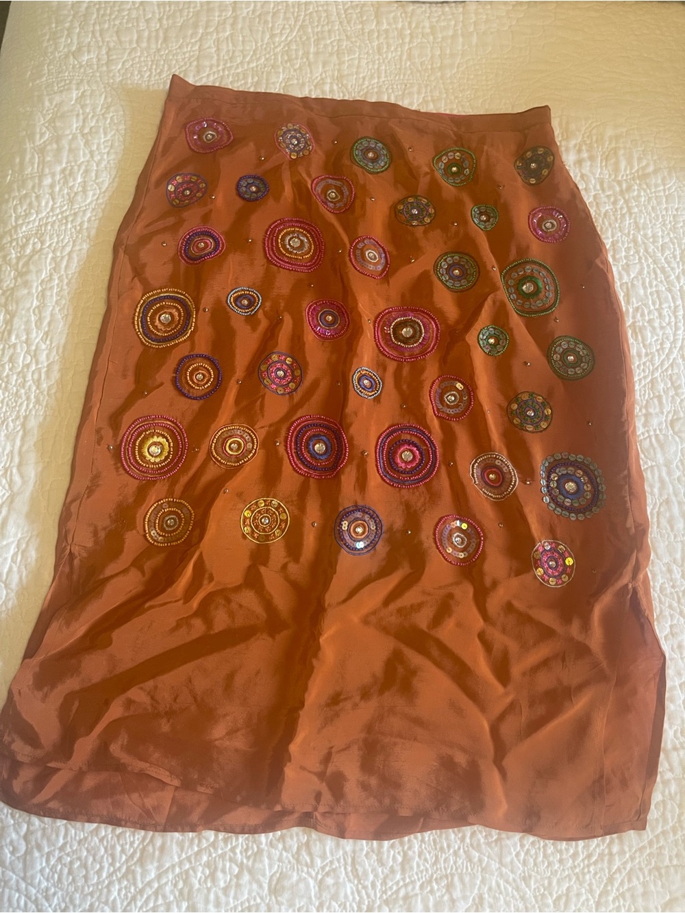 Sundance Rust Midi Skirt with Multicolor Embroidered Circles